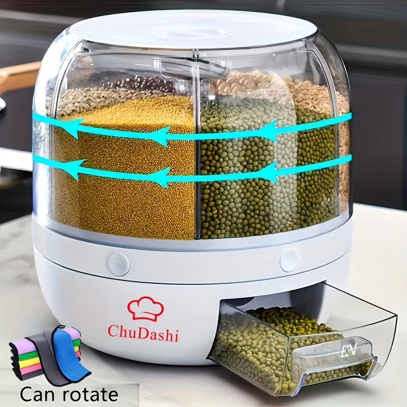TEMU Rotatable 6-grid Food Storage Container, Dispense Large Capacity Food Dispenser, Sealed Moisture-proof Organizer For Rice Or Pet Food