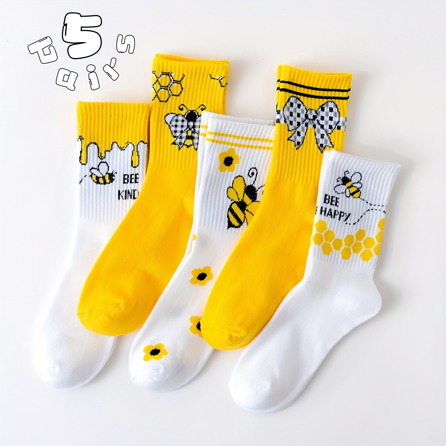 5 Pairs Girls' Bee Socks - Cute Bee & Beekeeper Parent- Matching Running Socks, - Mid-calf Length Cartoon Bee Pattern, Machine Washable For & Adults (girls/ladies) - Gift, For Teenager