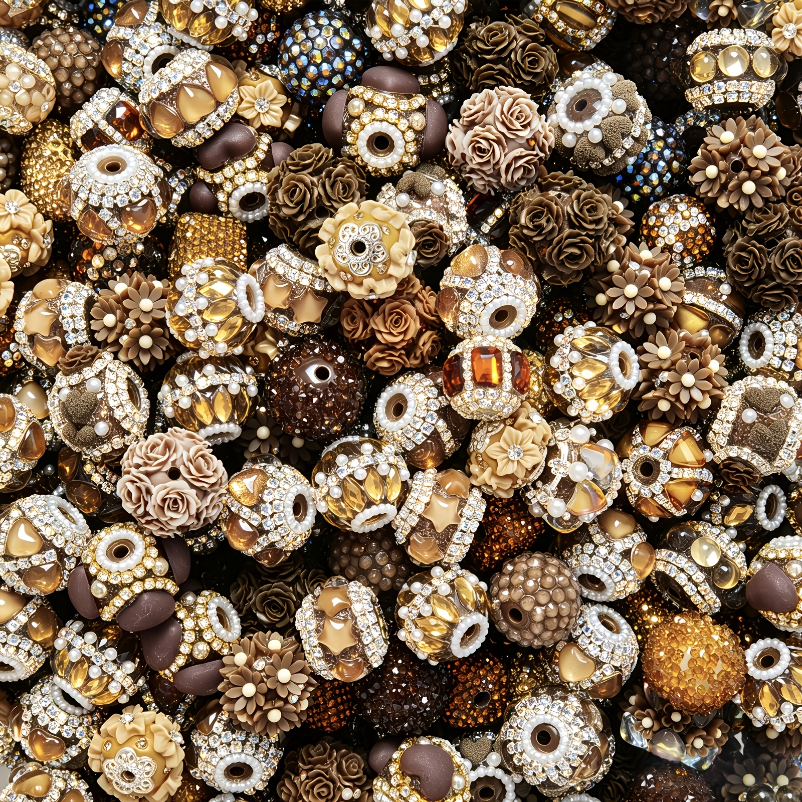 TEMU 10pcs 10pcs Pack Hand-embellished Chunky Large Hole Beads Suitable For Making, Brown Tone 3d Floral Encrusted Spacer Beads With Capsule/shield