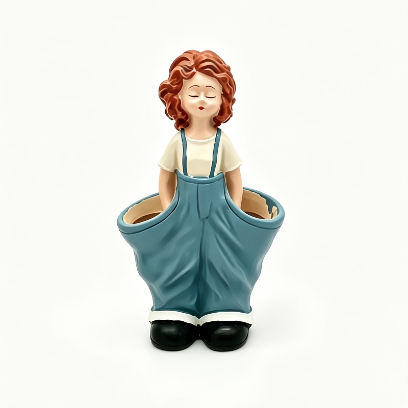 TEMU Girl In Overalls Planter Resin Ornament - Vintage Curly Hair Suitable For Home Decor, / Use, Overalls-shaped Planter With Double Storage, Resin