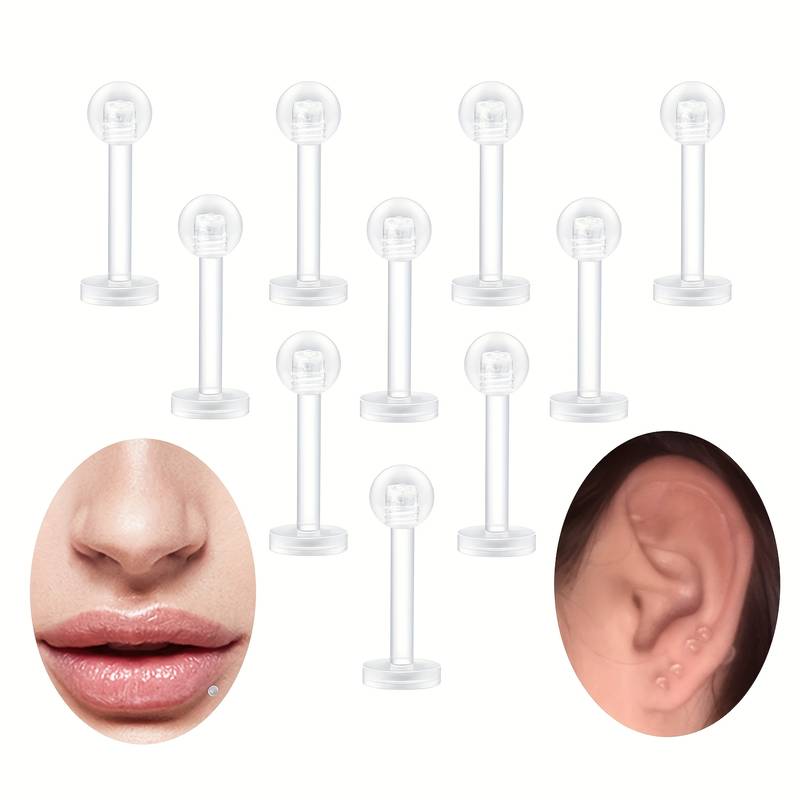 10-Pack 16G Silicone Earrings - Cartilage Helix Tragus Labret Lip Rings (8mm/10mm)