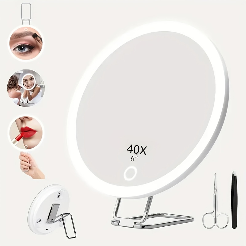 1pc 40x magnifying glass with light adjustable 3   3 suction cups adjustable stand   clip and scissors ideal for vanity use and holiday gifting