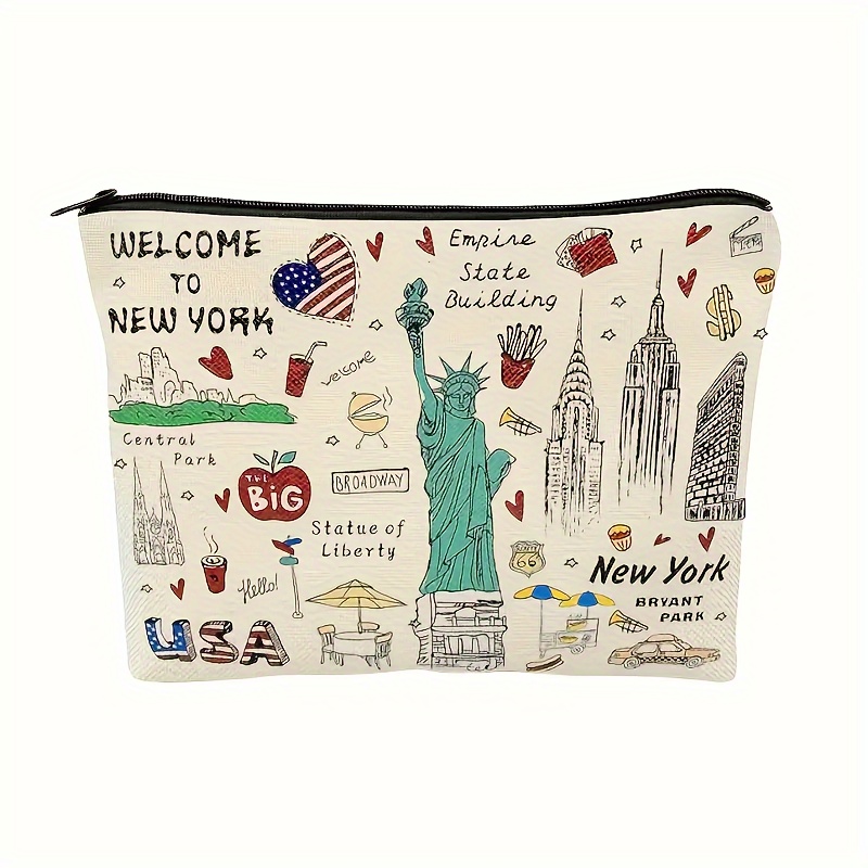 

New York Themed Makeup Pouch, Cute Cosmetic Bag With Iconic Ny Landmarks Print, Zippered Travel Toiletry Organizer, Perfect Gift For Women