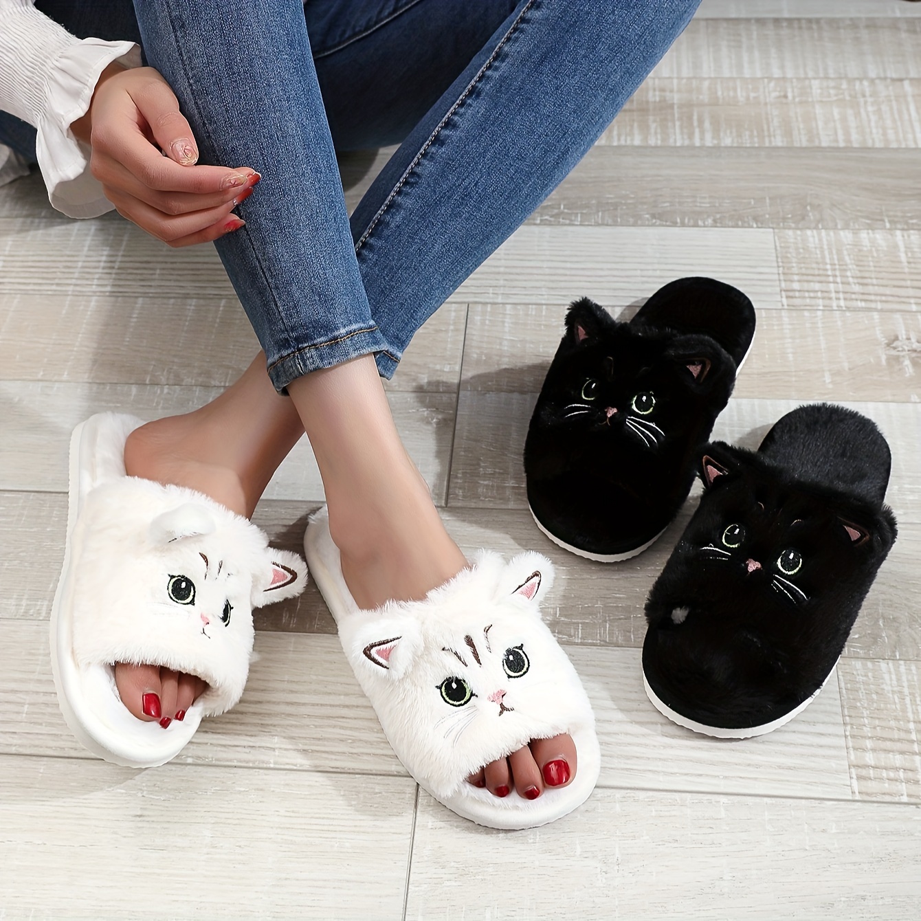 

Cute & Soft Plush Cat Slippers, Winter Fuzzy Warm Non-slip Indoor Bedroom Footwear, Comfy Cozy Home Slides