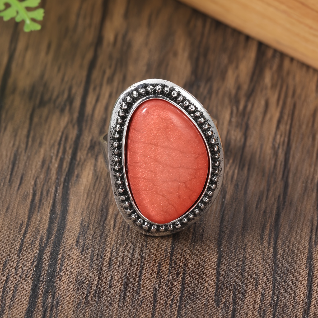 Bohemian Style Stainless Steel Open Ring with Resin Gemstone Oval Shape