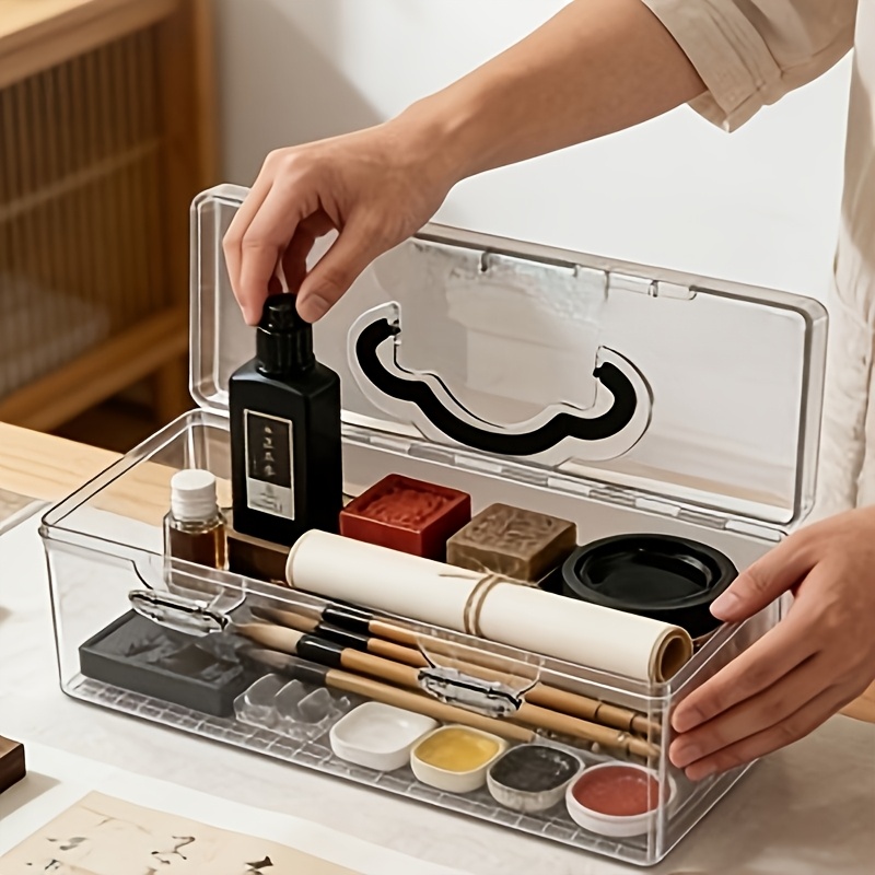 2pcs Transparent Calligraphy & Painting Supply Case with Lid - Moisture-Proof Portable Multi-Compartment Organizer Suitable for Artists, Clear Plastic Storage Box for Brushes, Ink Stones, Markers, Tubes - Travel & Studio Use for Calligraphy Tools