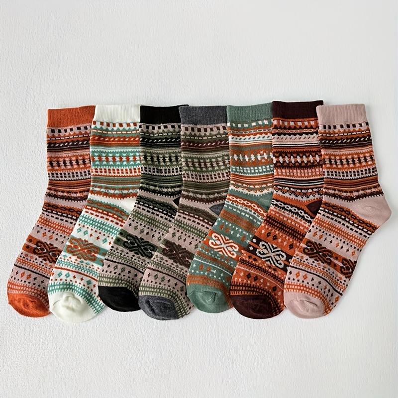 TEMU 7-color Socks Women's Autumn Winter Retro Mid-calf Long Socks Ethnic Style Double Long Women's Socks Fabric, Mid-calf Length, Fashionable Chunky
