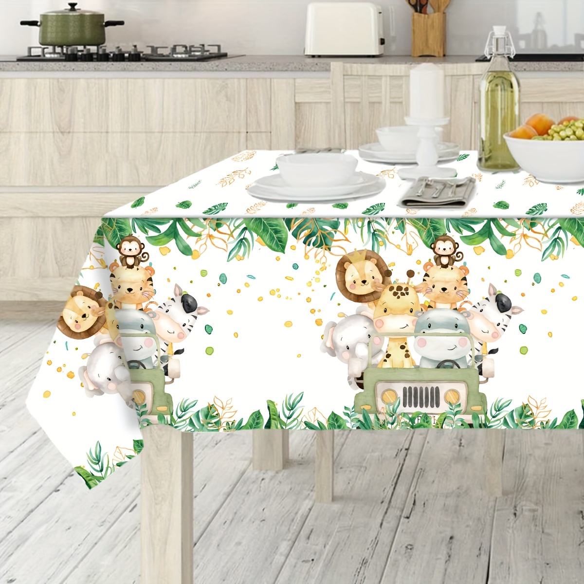 

1pc, Jungle Animal Tablecloth, 220*130cm Plastic Table Cloth, Safari Birthday Party Decoration, Green Forest 1st Birthday Party Supplies Table Cover