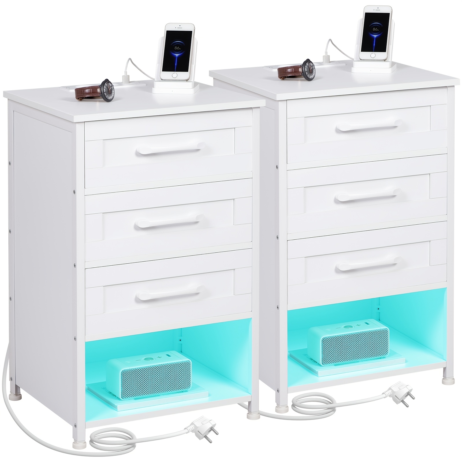 Image of Amhancible 2pcs Bedside Table With 3 Wooden Drawers, End Table With Led Light Strip, Night Stand With Charging Station For Living Room And Bedroom