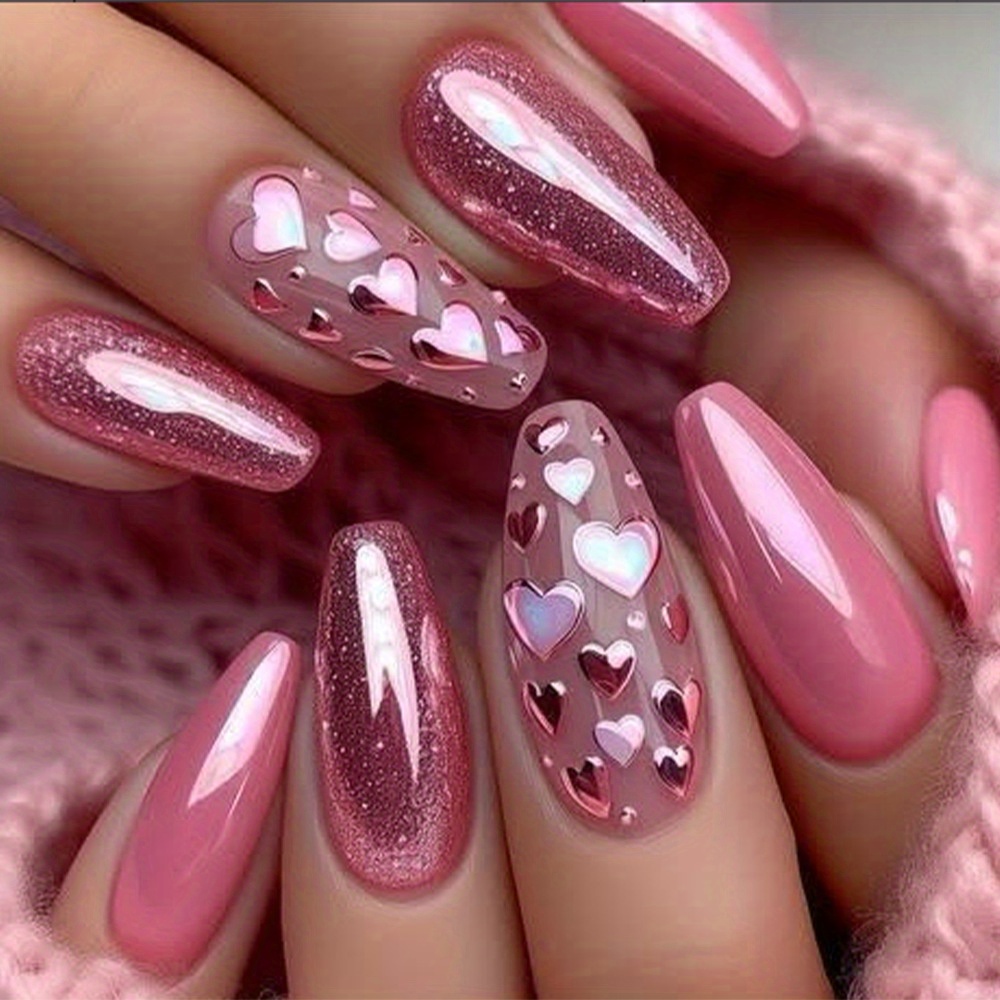 TEMU 24 Faux Ongles de Ballet Moyens, Saint-Valentin Rose Paillettes Manucure Design, Patchs d'Ongles Pailletés Amovibles