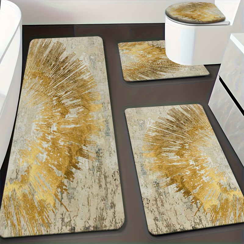 TEMU 4pcs Set, Abstract Golden Pattern Printed Mats, Bathroom Anti-slip Mat Set, Home Decor (fleece Material, 1.2cm Thickened Sponge), Anti-slip