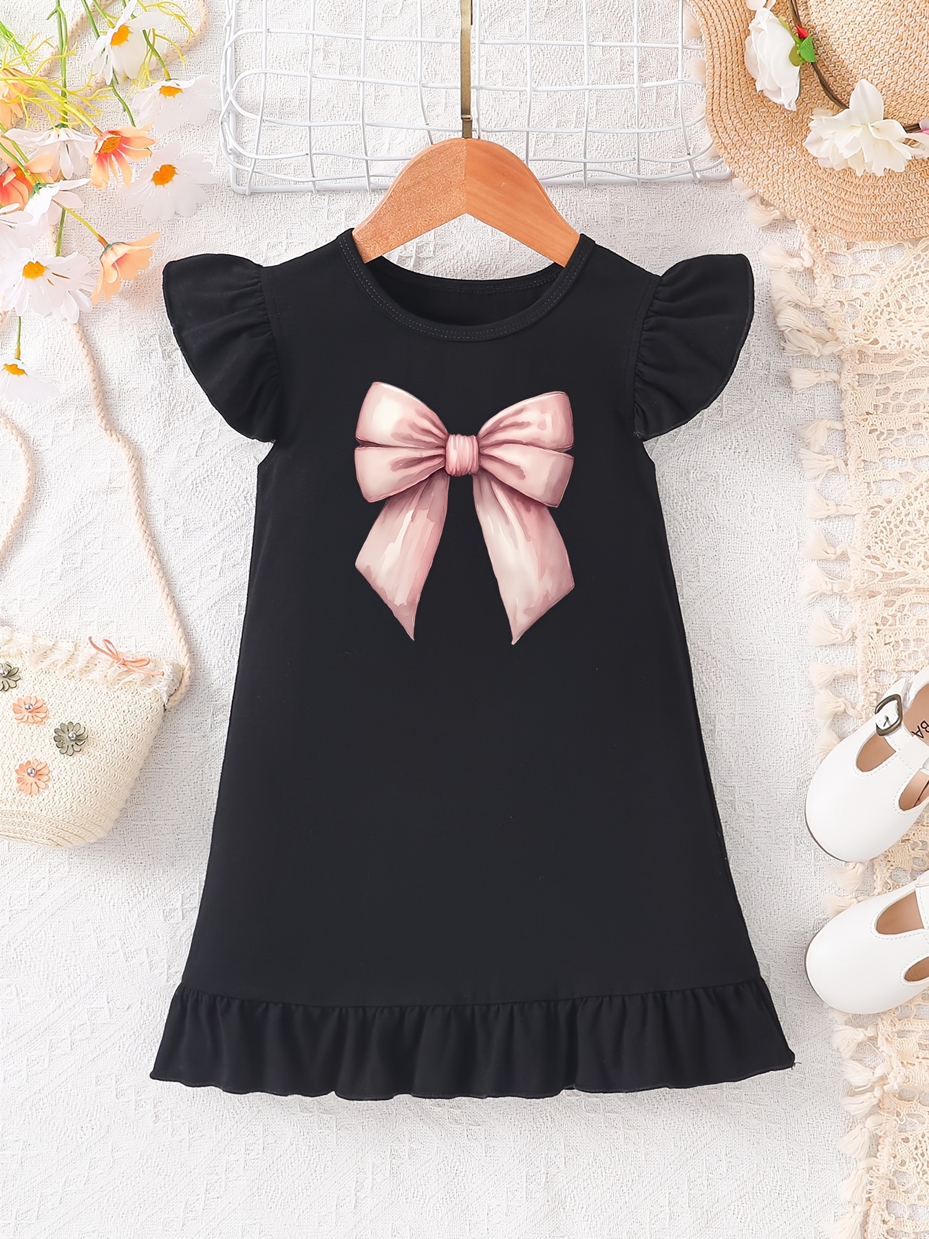 2024 new arrival black sleeve dress pink bow white - Temu Bahrain