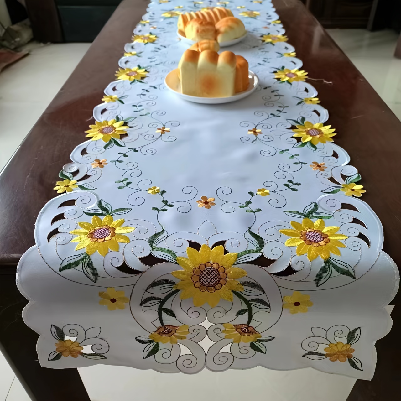 

1pc, Table Runner, Seasonal Sunflowers Pattern Embroidered Table Runner, Decorative Hollow Out Design Table Runner, Room Decor