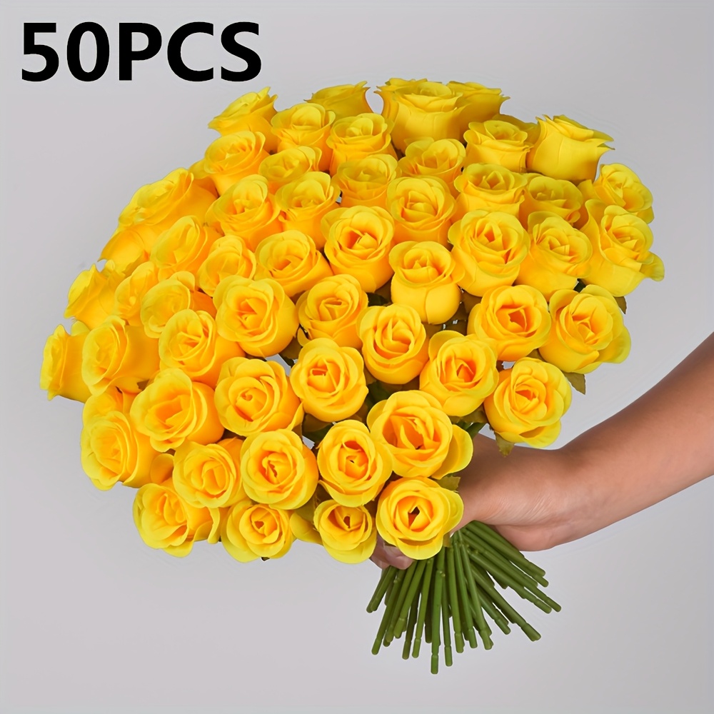 E-shop 50 Stück Seiden-Falsche Blumen für Gelbe Dekoration, Simulierte Rosen Desktop Center Vase Künstliche Blumen mit Stielen Geeignet für