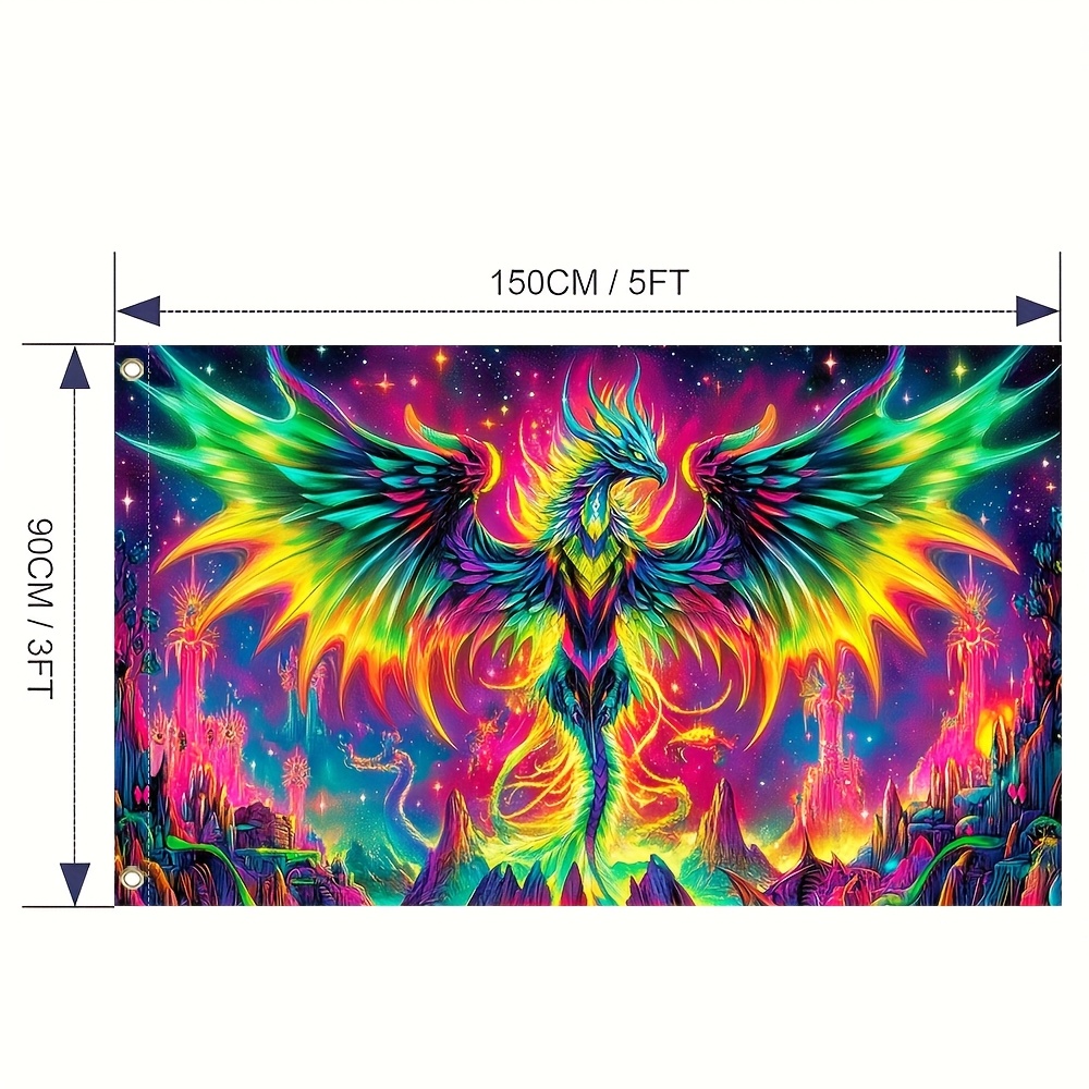 TEMU 1pc Vibrant Uv Blacklight Dragon Flag Banner - Colorful With Glowing Wings & Celestial Background, 100% Polyester Outdoor Yard Decor For Patio,