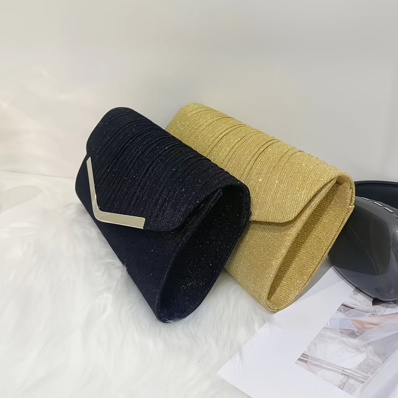 Handtasche Clutch Glitzer Schwarz Elegante Glitzernde Plissierte