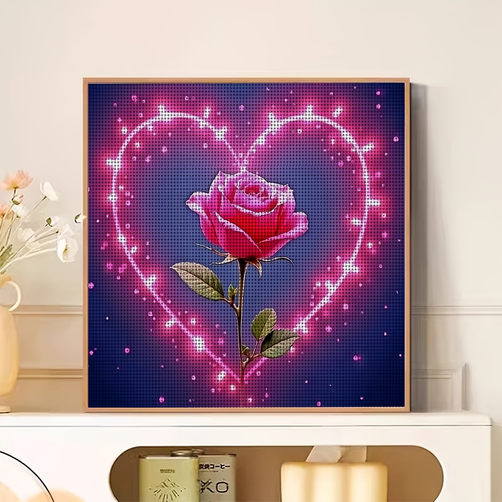 Frameless Cross Stitch Printed Kit, 'Pink Rose Heart Light Background' Pattern
