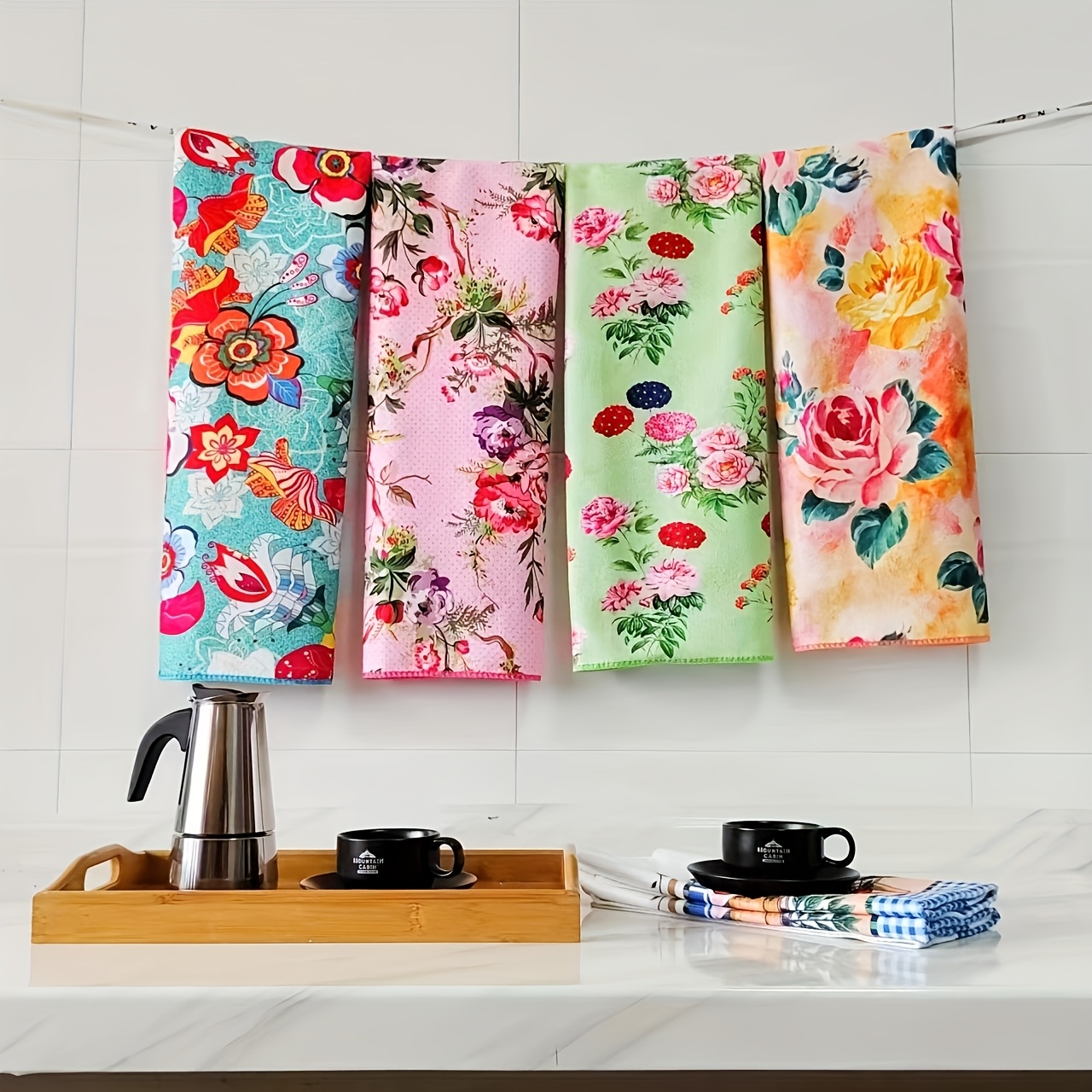 Image of 4pcs/8pcs Floral Kitchen Towels Set - Quick-dry Absorbent Dishcloths & Hand Towels With Vibrant Floral Patterns (pink, Green, Yellow, Red, Orange