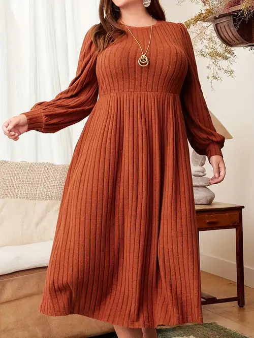 Plus Size Women'S Autumn Winter Dress, Solid Round Neck Long Sleeve Dress, Fall Winter Plus Size Women'S Clothing, Casual Women'S Wear Plus Size Women'S Autumn Winter Dress, Solid Round Neck Long Sleeve Dress, Fall Winter Plus Size Women'S Clothing, Casual Women'S Wear