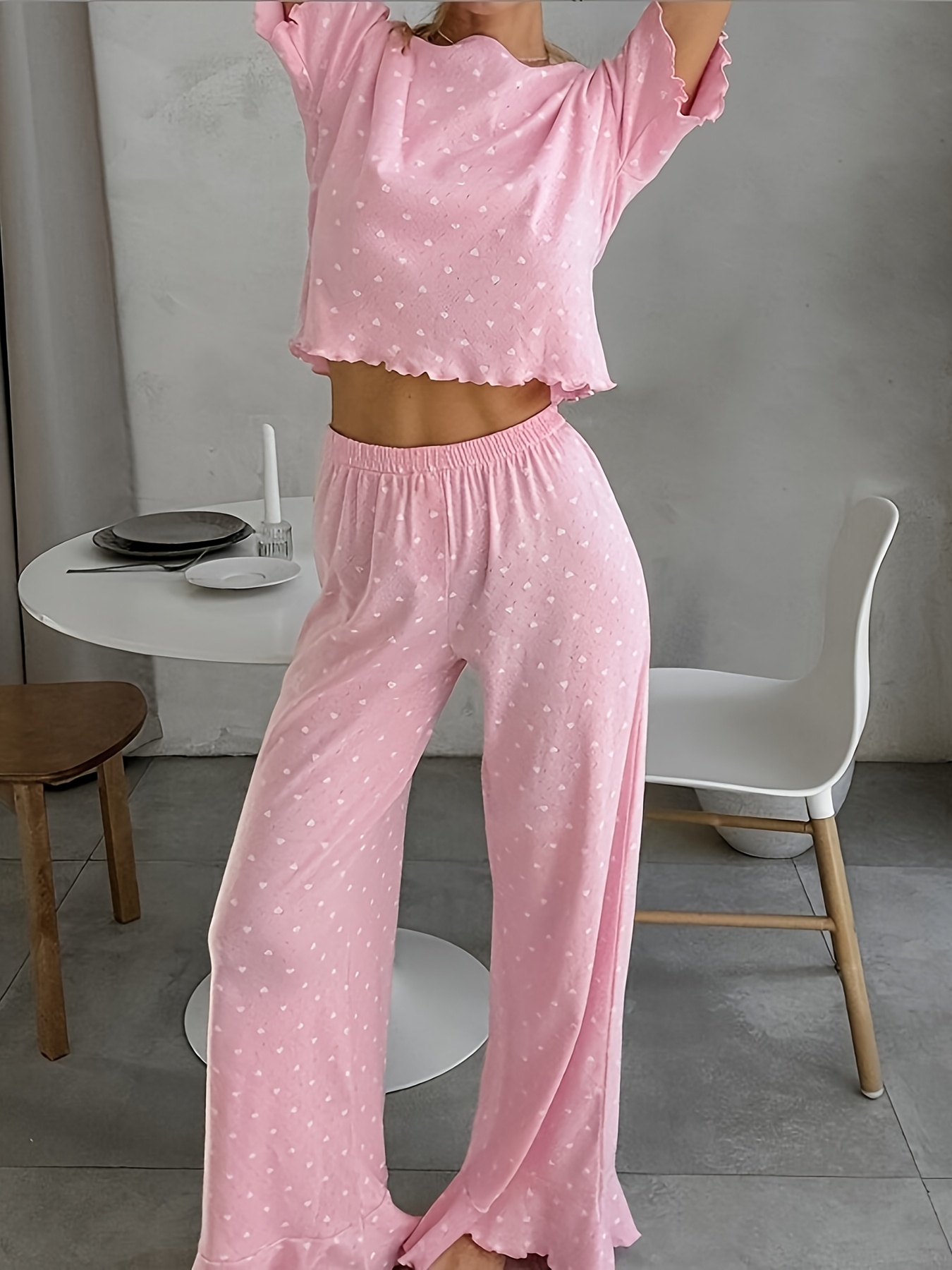 Pink Womens Spotty Pyjamas Pink Polka Dot Cute Round Neck Short