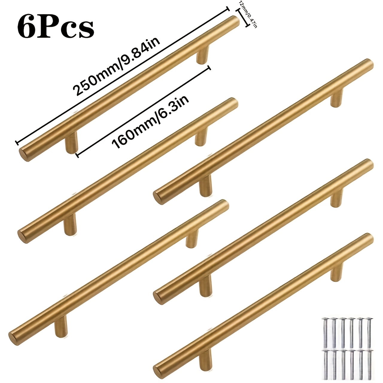 Image of 6-pack Golden Stainless Steel Cabinet Door Handles, Brushed Finish, 2.49cm Screw Length, Elegant Hardware For Kitchen & Wardrobe, Installation Hardware Included
