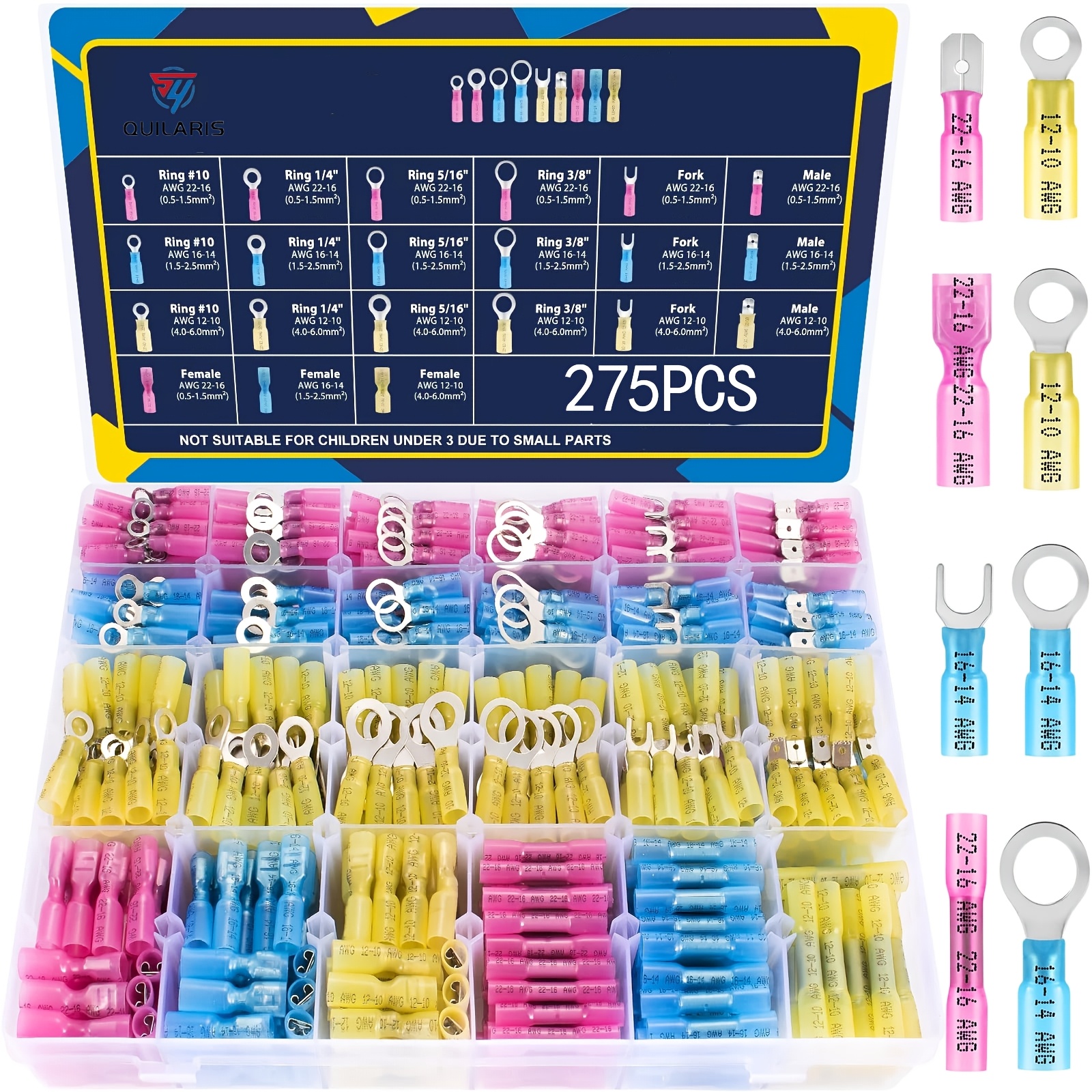 275/510pcs Heat Shrink Cable Connectors - Electrical Connector Kit, Tin-plated Red Copper, Crimped Insulation Ring Fork-type Plug Mating (3 Colors/ 21 Specifications) 16-14, 22-16, 12 Gauge Sizes
