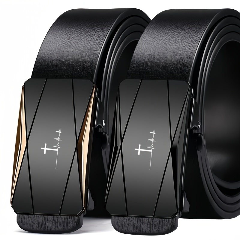 Men's Cross Pattern Faux Leather Belt with Automatic Buckle