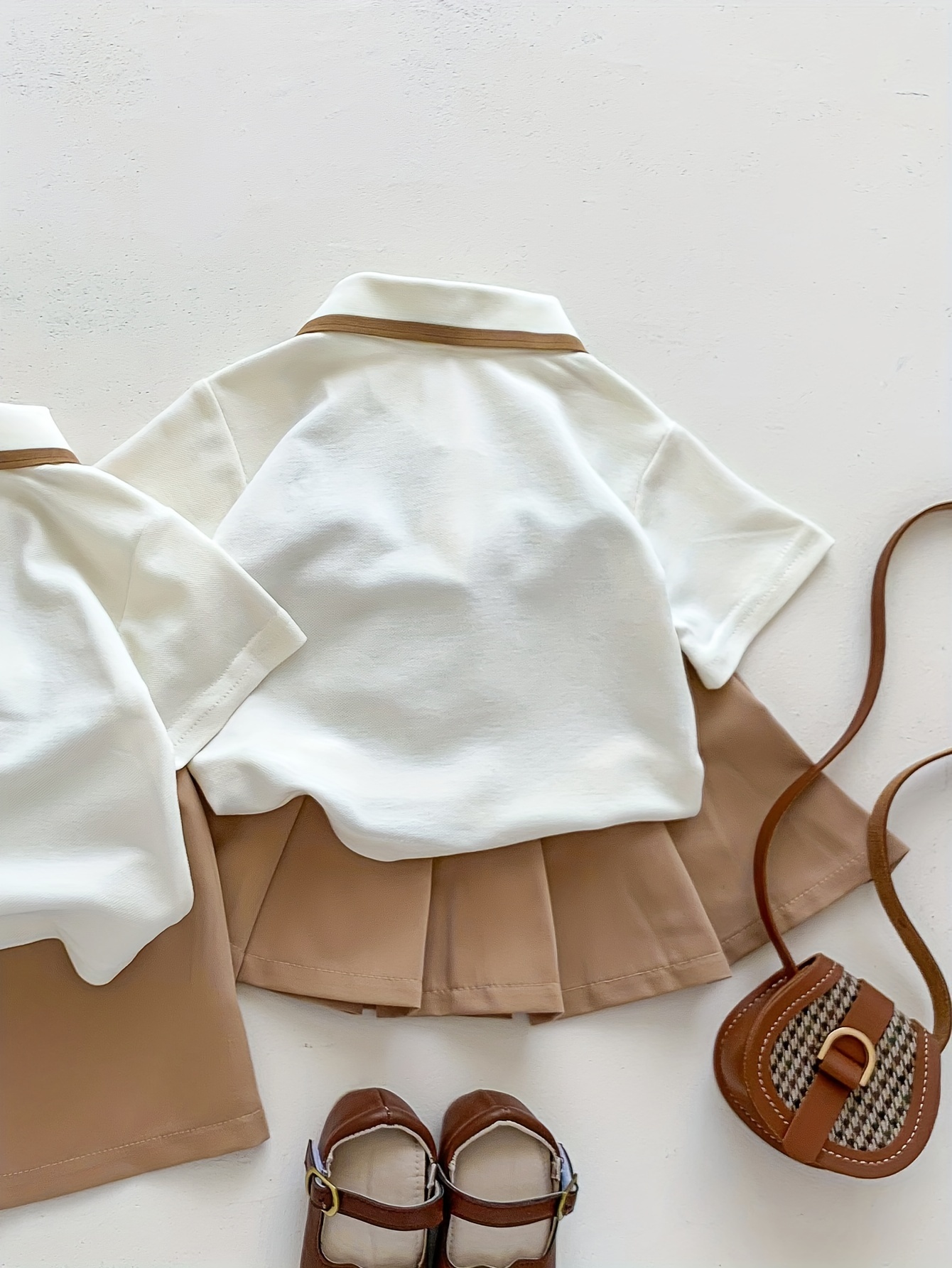 Cartoon Polo Shirt And Pleated Dress Set for Baby Girls in a Collegiate Style, for Outdoor