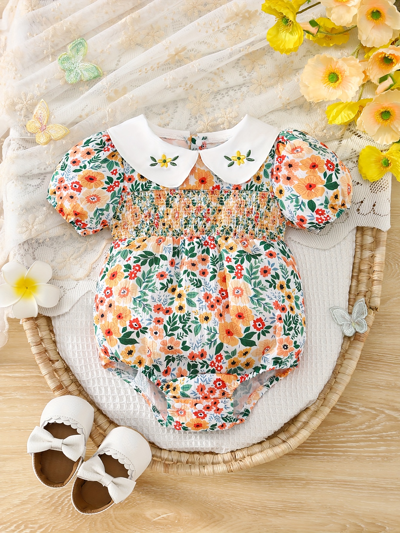 adorable floral print baby girl romper puff sleeves doll Temu