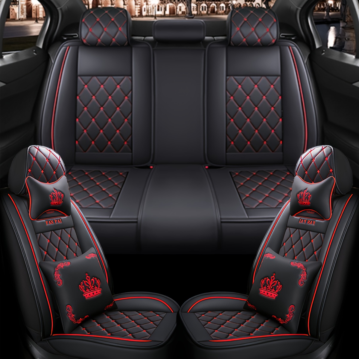 TEMU 5 Seater/1 Seater Seat Cover, Durable Faux Leather Seat Cover Faux Leather Car Seat Cover, Diamond Pattern, Red Decoration, Medium Soft
