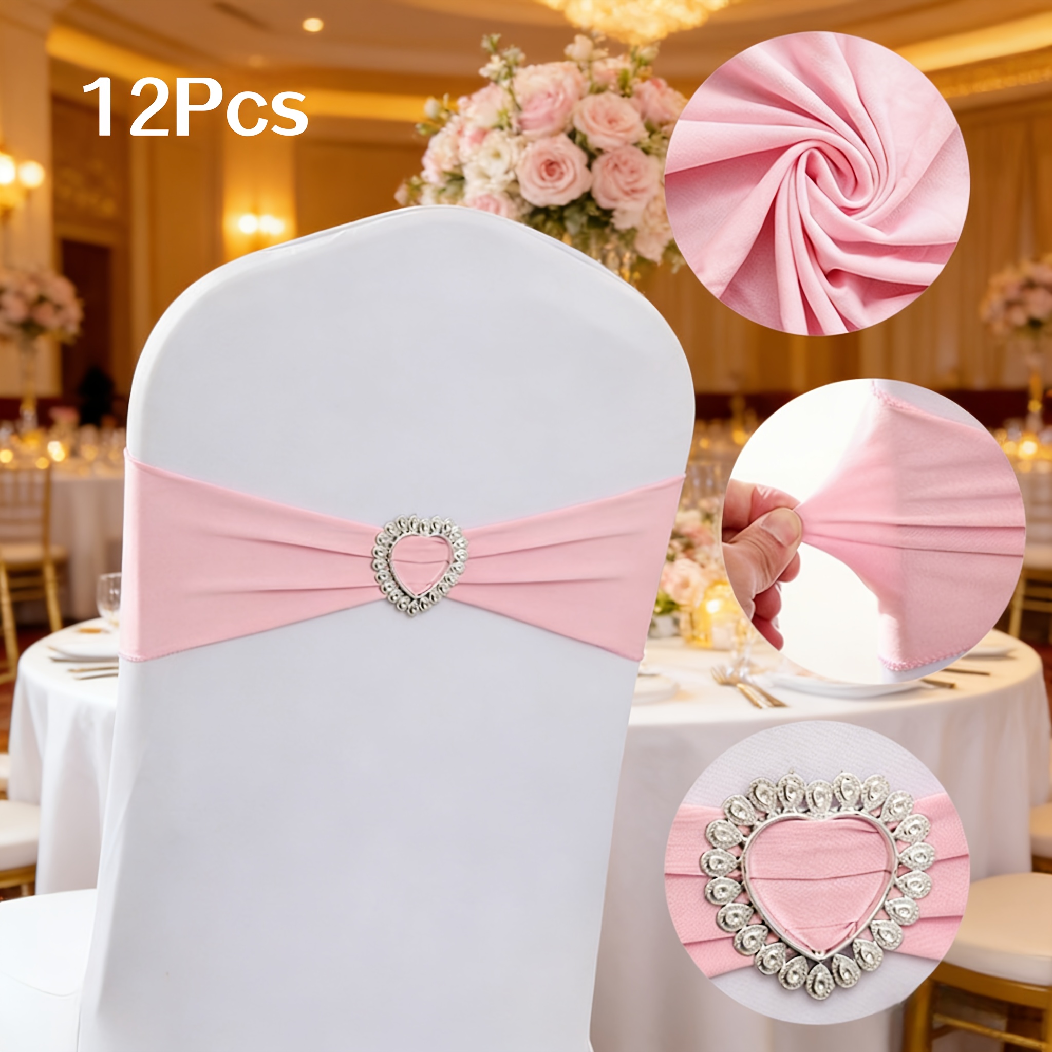 TEMU 12pcs Heart-shaped Elastic Chair Back Decorations With Bow Ties - Universal Easy-to-install Elastic Decorative Straps For Banquets. Suitable For