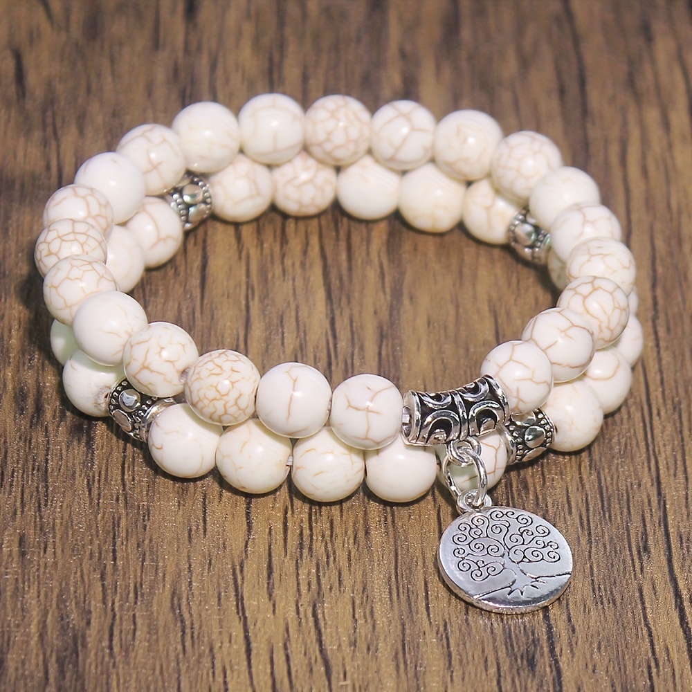 

Vintage Boho Style 2pcs Howlite Gemstone Bead Rope Wristbands With Natural Stone And Tree Of , No Plating - Perfect For Daily Wear And Gift-giving Occasions