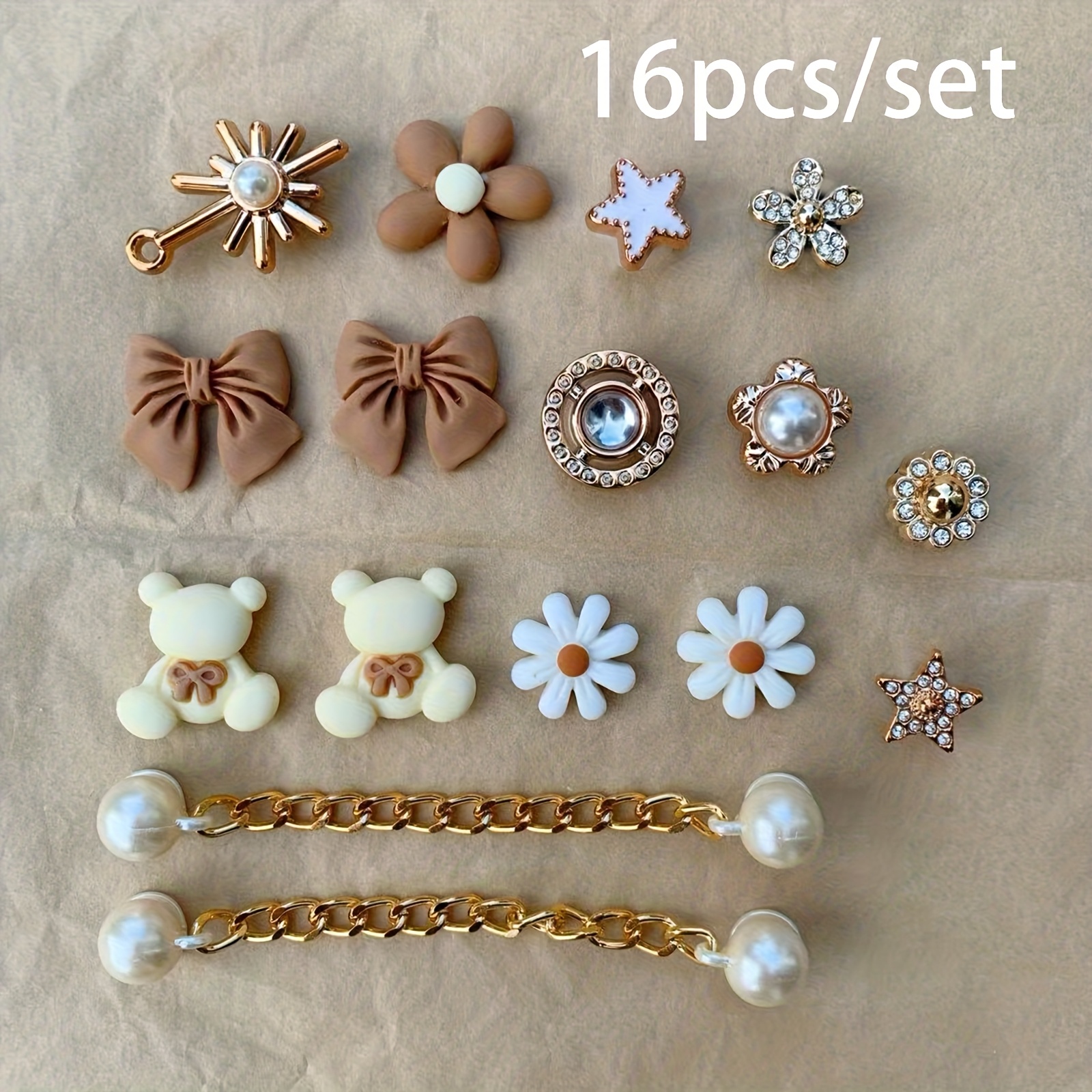 Image of 16pcs/set Bear Shoe Decorations Set With , Adorable Bear Flower Pendant For Beach Garden Shoe, Great For Christmas New Year Birthday Gifts Party Favors, Shoe Decoration Additions