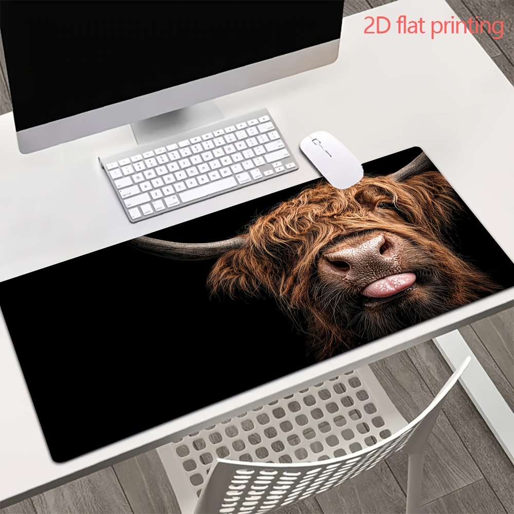 TEMU 1pc Optional Large Scottish Highland Cow Mouse Mat - Gaming And Computer Table Mat With Cute Highland Cow Design, Black Background And Brown/