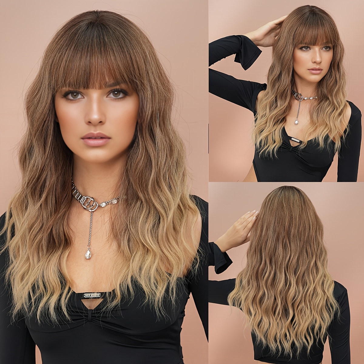 Image of Shoulder Length Wavy Dark Brown Wig For Women Daily Use Gradient Blonde High Density Synthetic Hair Wigs With Neat Bangs