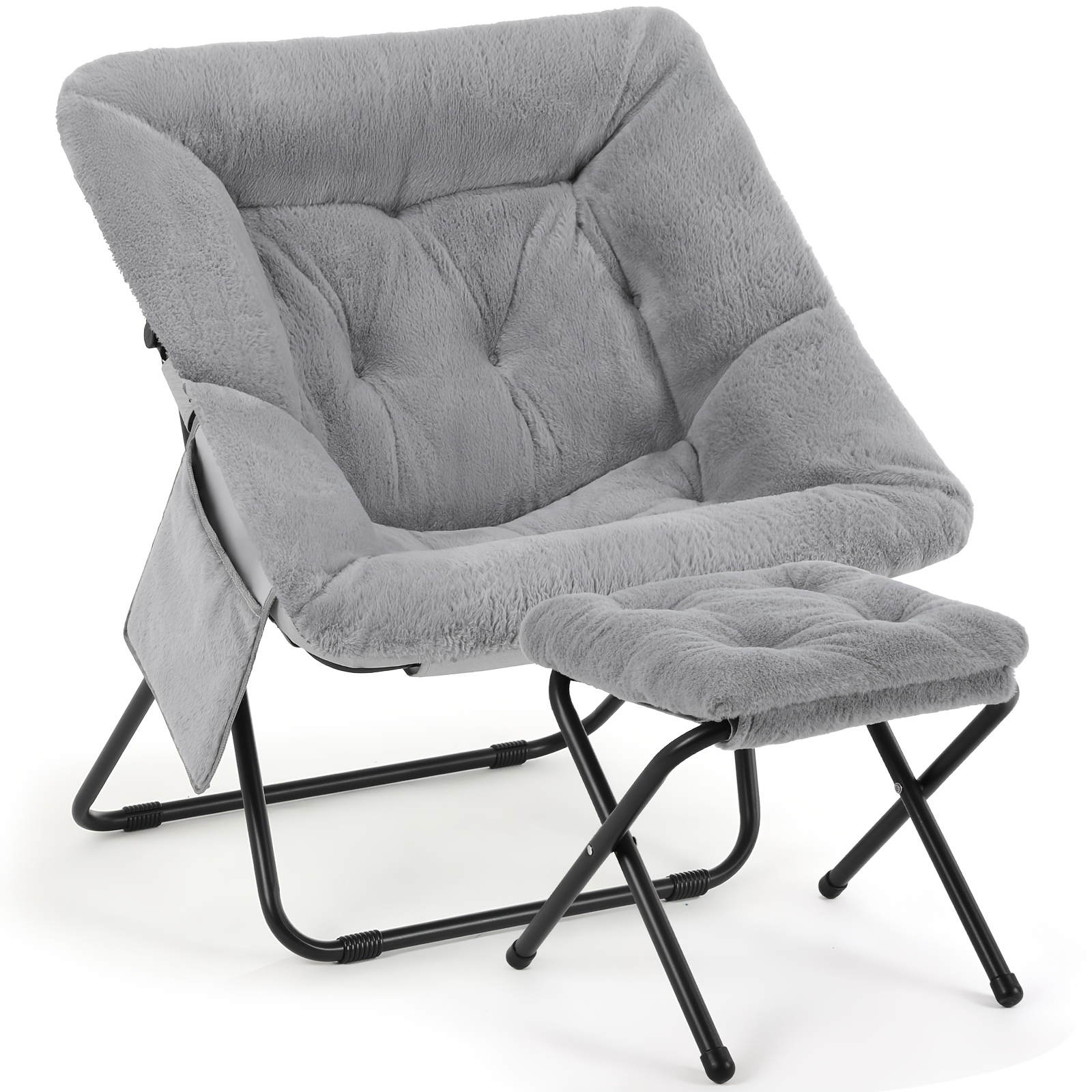 Image of Comfy Saucer Chair, Foldable Lounge Chair With Ottoman, Soft Faux Fur Reading Chair, Folding Lazy Chair/moon Chair For Living Room, Bedroom, Dorms, No