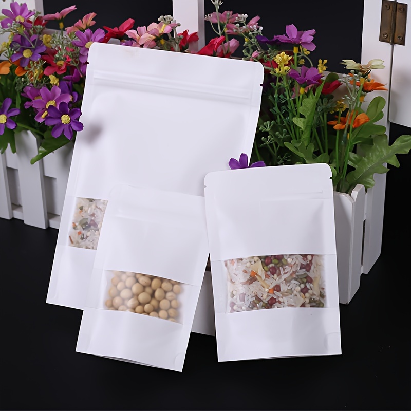 

50pcs White Kraft Paper Bag, Self-contained Airtight Bag, Transparent Window Bag, Food Storage Bag Coffee Tea Bag, Kitchen Storage Items