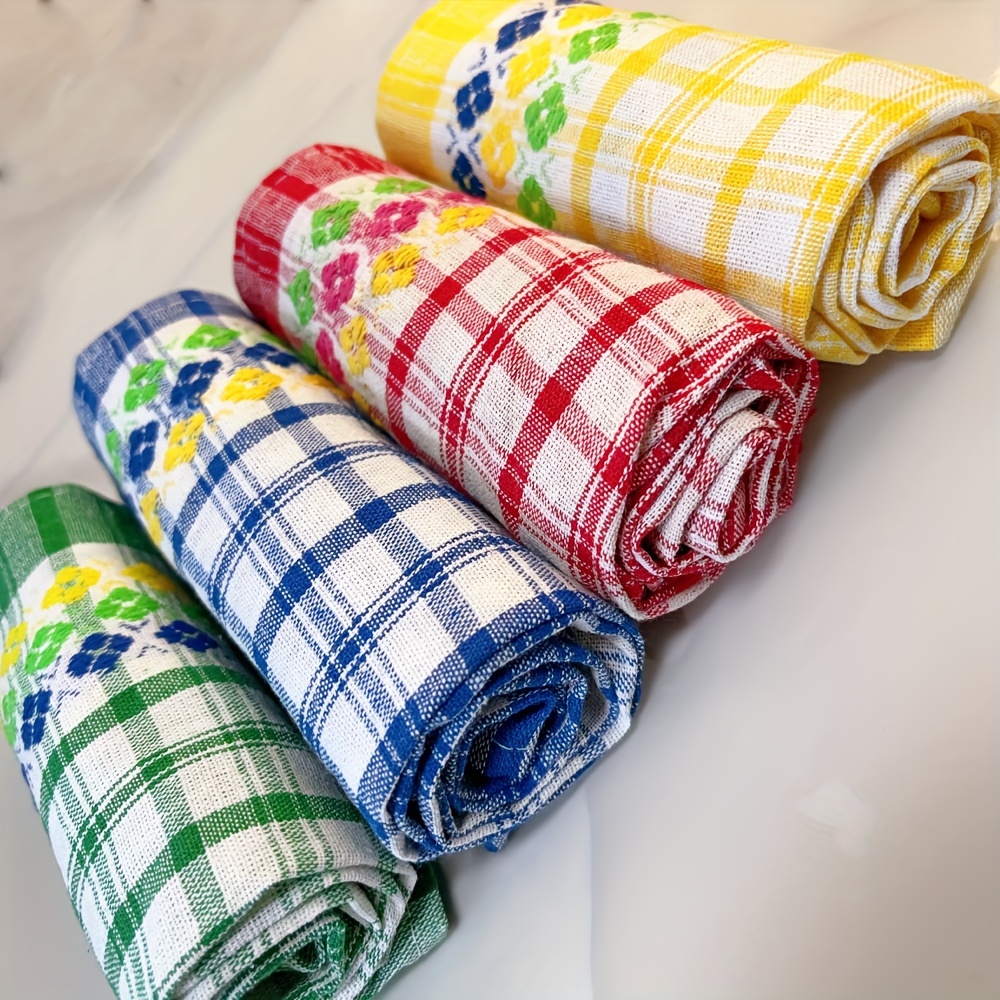 Image of 4pcs Large Kitchen Dish Towels - Super Absorbent 100% Cotton, Vintage Checkered Tea Towels With Bright Colors For Drying Dishes, Cleaning, Use In Kitchen, Bathroom, Living Room - Soft & Durable