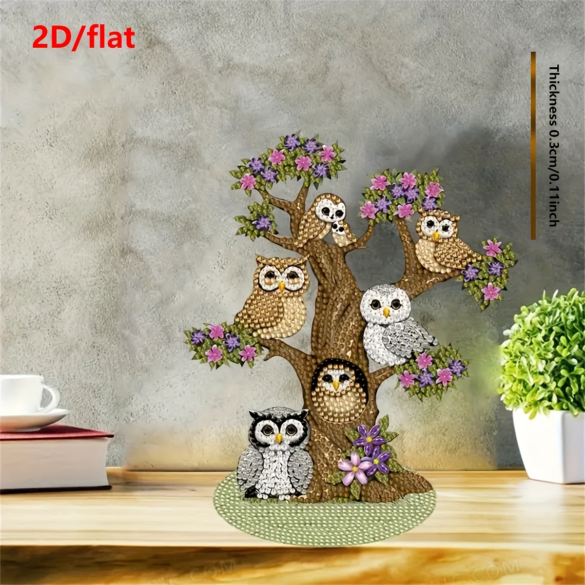 Image of 2d/fiiat Diy Diamond Painting Kit - Wooden Desktop Ornament, Owl On , Upper And Lower Combination Drill Art Craft Decoration, 1pc