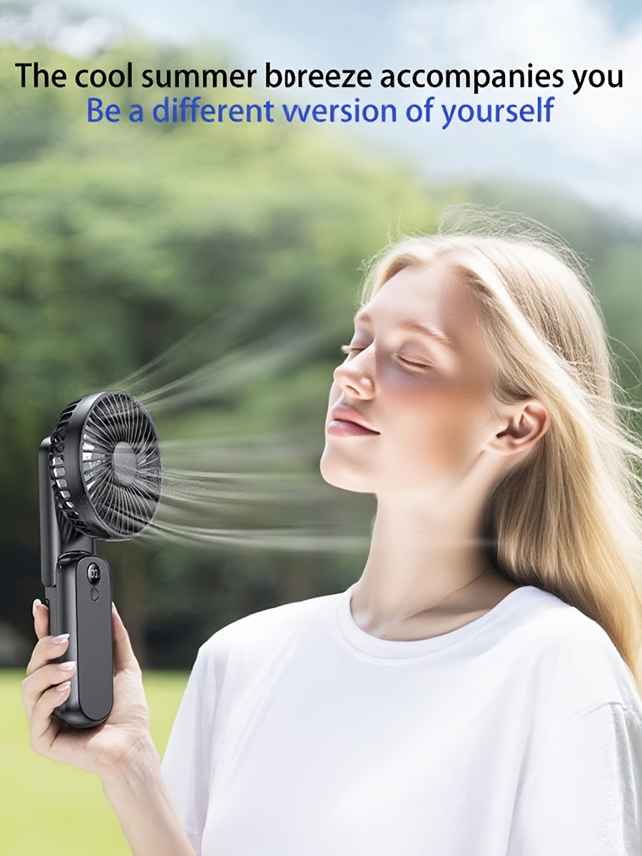 Handheld folding fan with USB charging, suitable for desktop office use, bedroom, outdoor travel, camping, neck hanging, students' classes, five wind levels, power level display, long-lasting battery life of 6000mAh, with charging treasure function