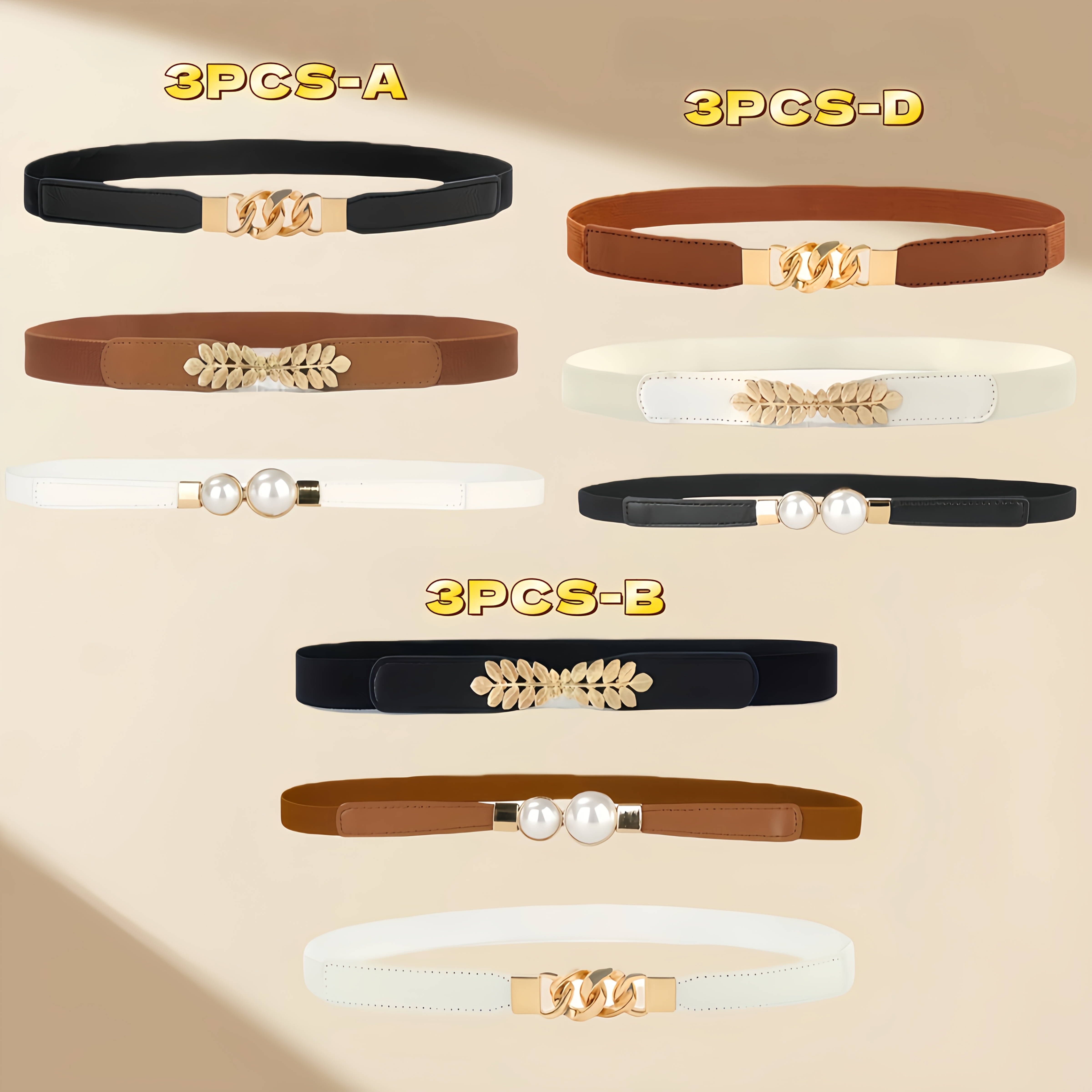 3pcs womens elastic waist belt set with golden   versatile for casual wear multiple colors   and remove leaf   loop   brown white suitable for dresses pants casual pants formal wear ideal gift for women