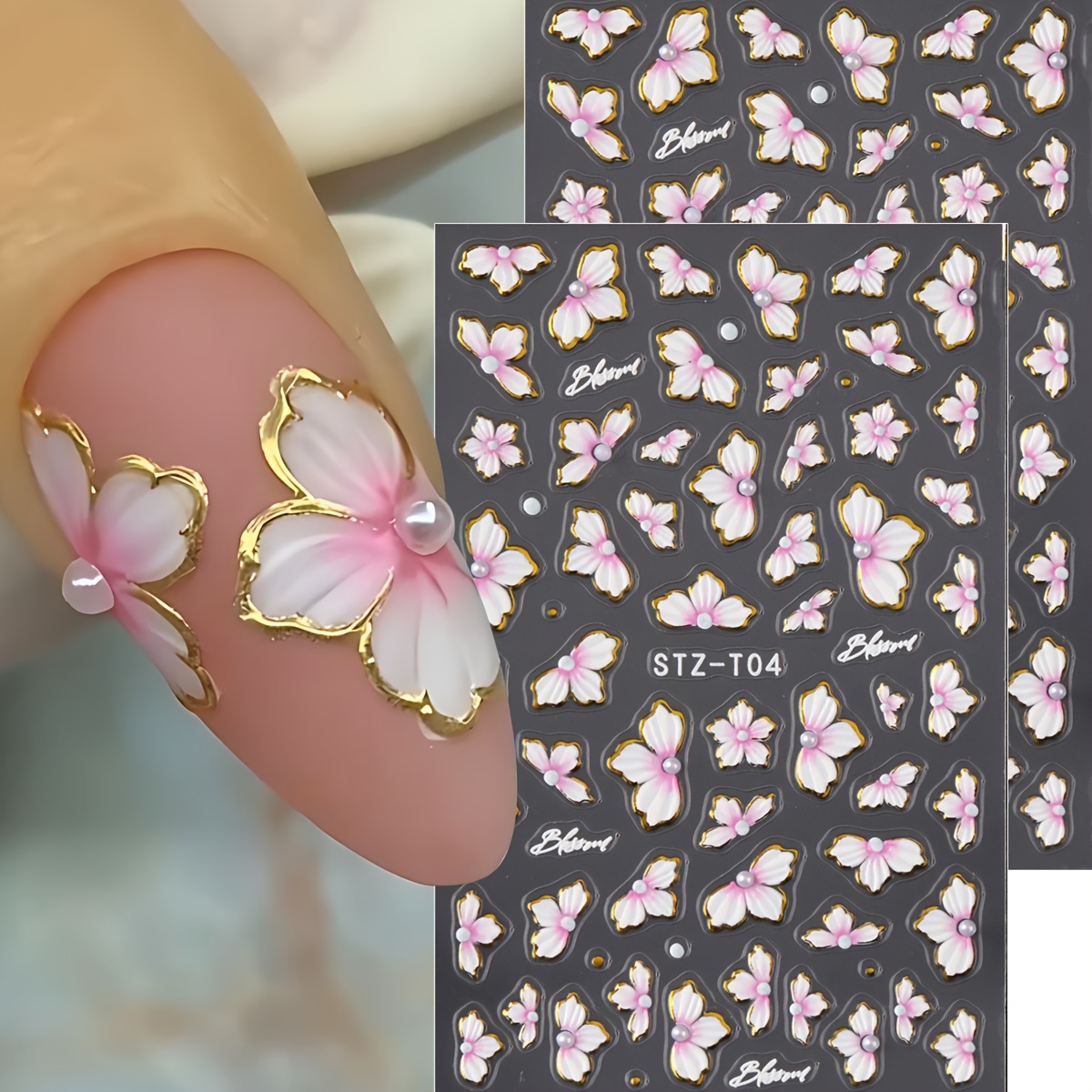 Image of Embossed Pink White Cherry Flowers With Pearl Nail Stickers 5d Five-petal With Summer Wedding Nail For Women And To Diy Nail Supplies