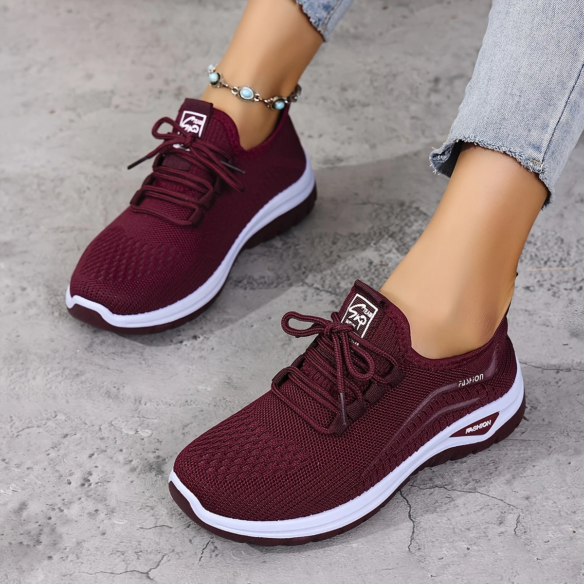 womens casual sports outdoor running walking daily commuting lace up patterned double layer easy on off knitted shoes details 3