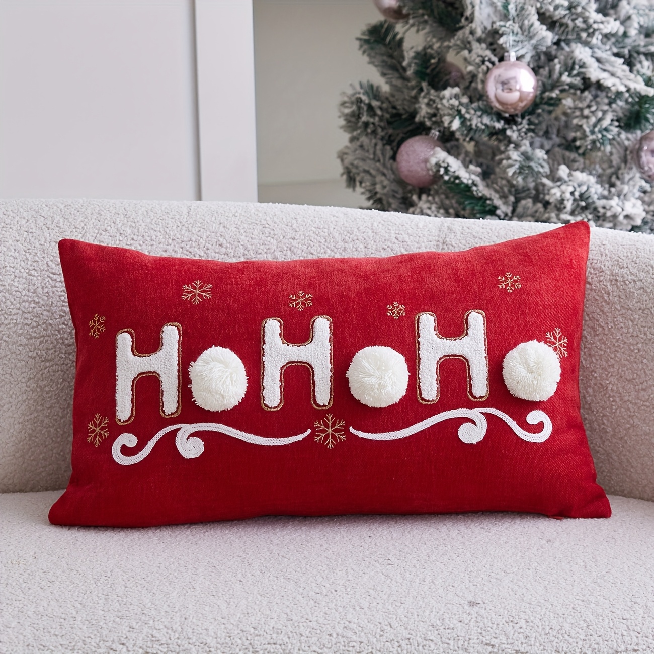 TEMU 1pc Terry Embroidery "" Christmas Pillowcase, Decorative Pillow Cover With 3 Hand-sewn Pom-poms, Christmas Sofa Decor Throw Pillow Cover, Ideal