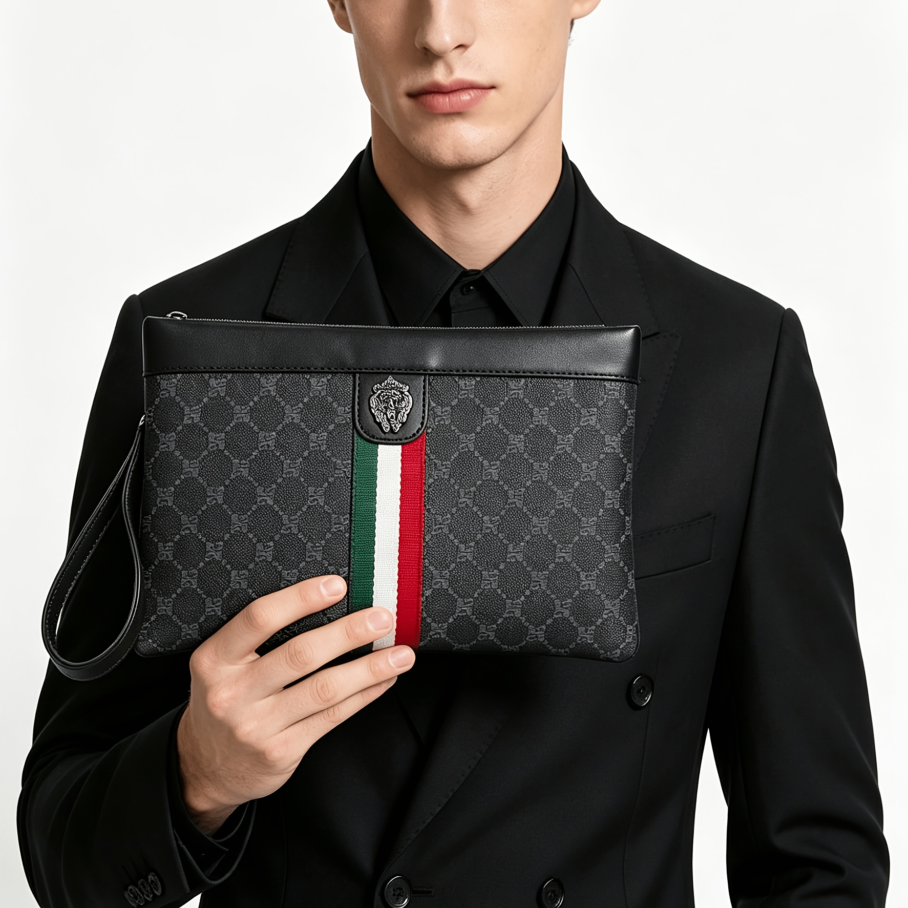 TEMU Pochette da con cinturino da polso, organizer con zip a motivo per lavoro, viaggi e uso , custodia da polso portatile con badge in metallo