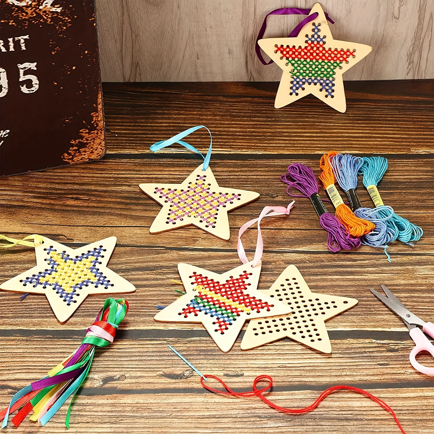 

16pcs Diy Embroidery Kit With Wooden Star Bookmarks - Set For All , Includes & Tools, Creative