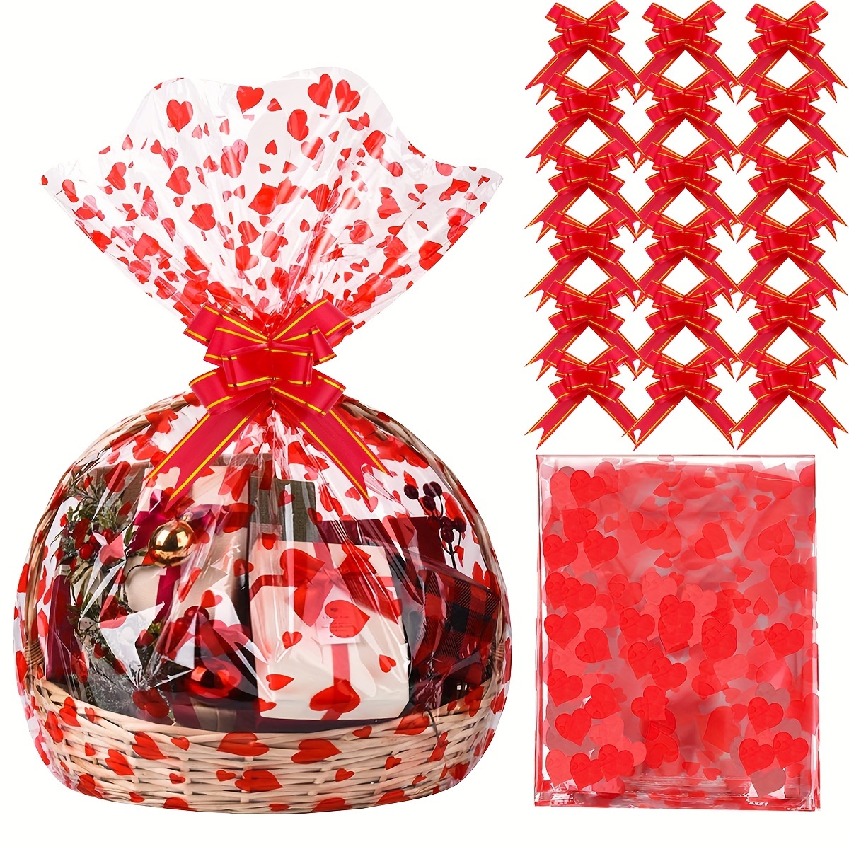 

20-pack Heart Print Cellophane Gift Bags With 20 Pull Bows – 20x28 Inch Transparent Plastic Basket Bags For Party Favors, Christmas, Wedding, Baby Shower, Bridal, Birthday, Anniversary & All