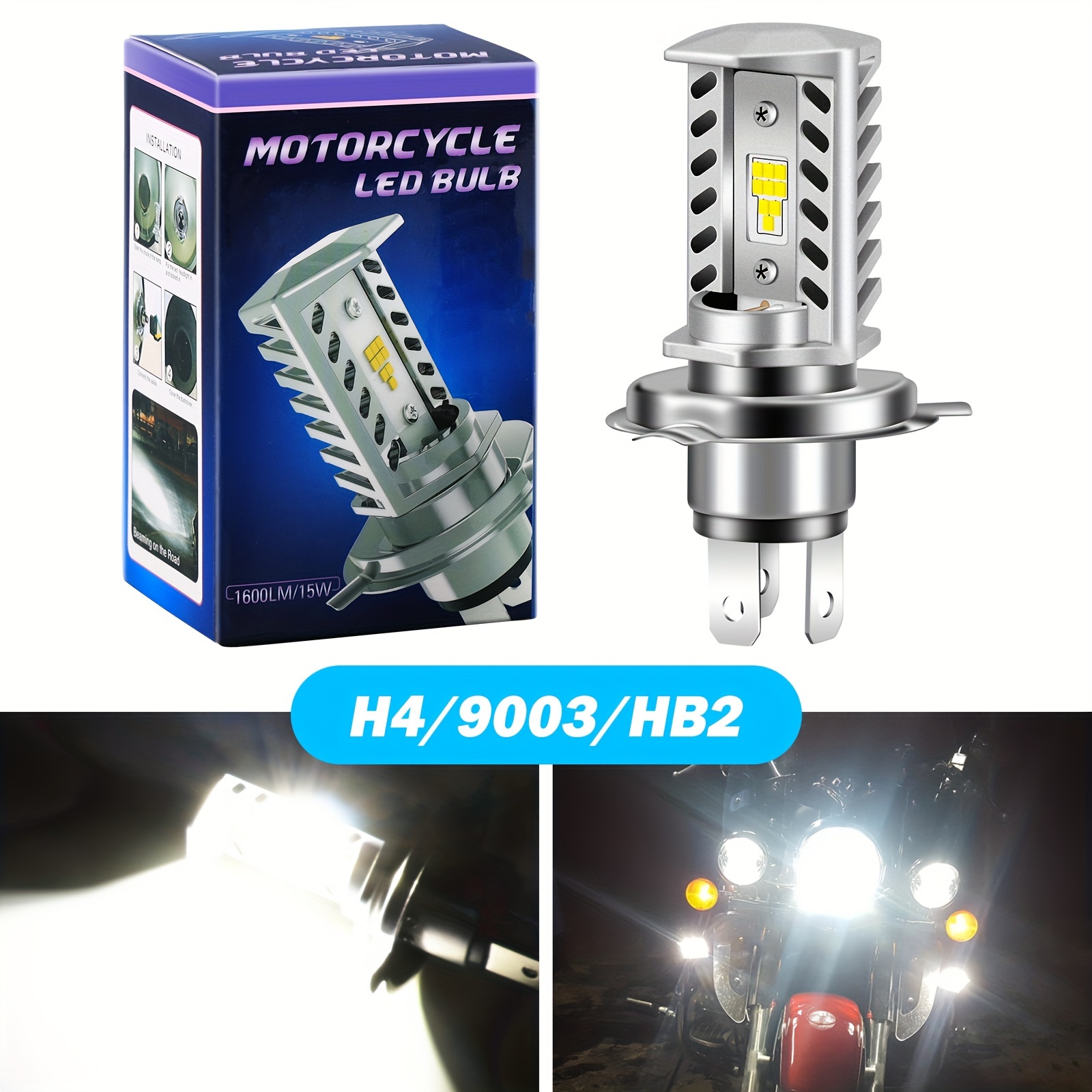 

1pcs H4 9003 Hb2 Led Motorcycle Headlight Bulbs, 15w 1600lm 300% Brightness 6500k White With Canbus High/low Beam Plug And Play Dc9-32v