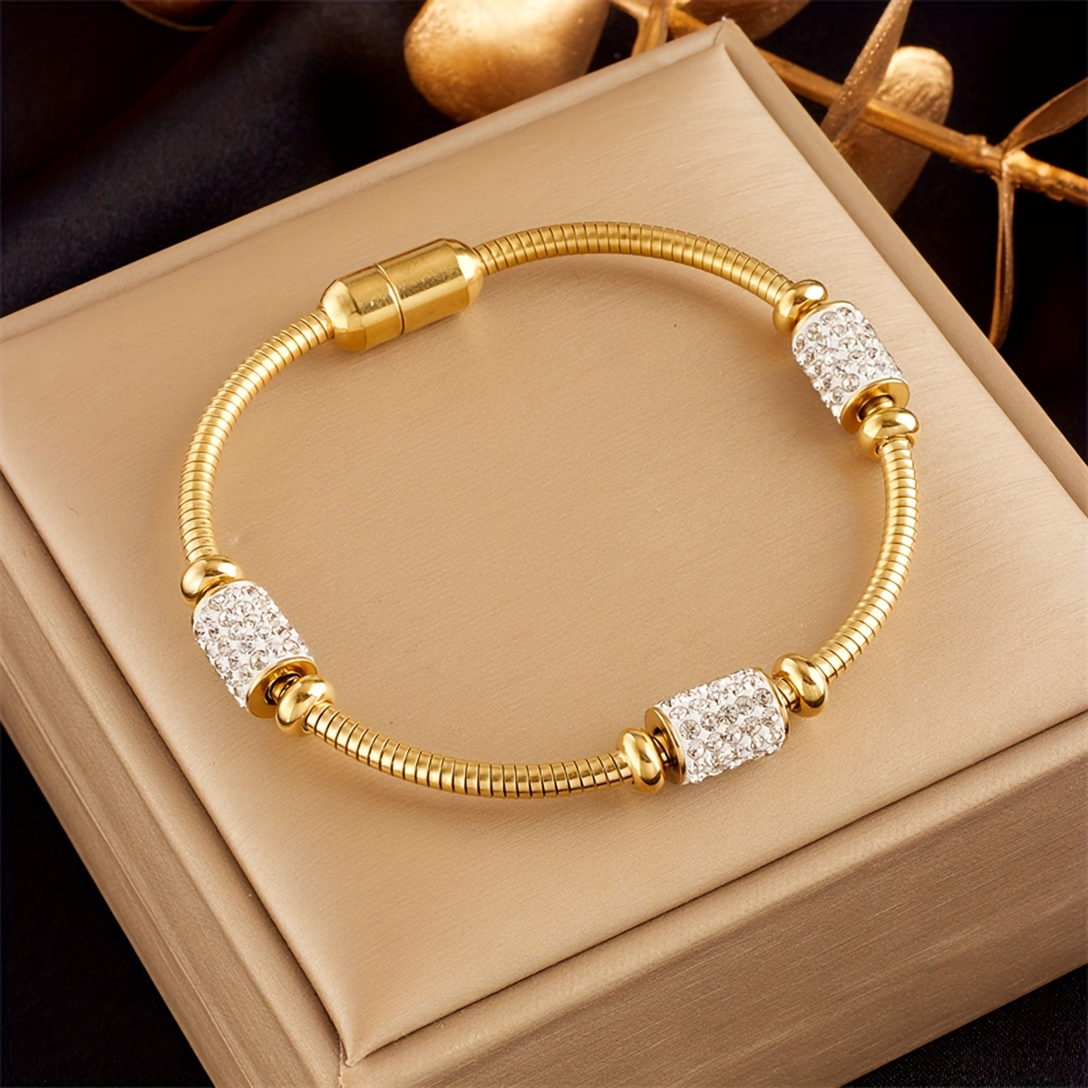 

1pc Stainless Steel Cylindrical Bracelet, Golden Ring Jewelry