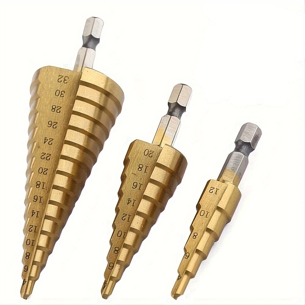 Goxawee 3pcs Set Of -coated Hss Step Drill Bits - Made From Steel With A , Suitable For Drilling In Wood And Metal, Great For Crafts, Tasks, And Professional Applications